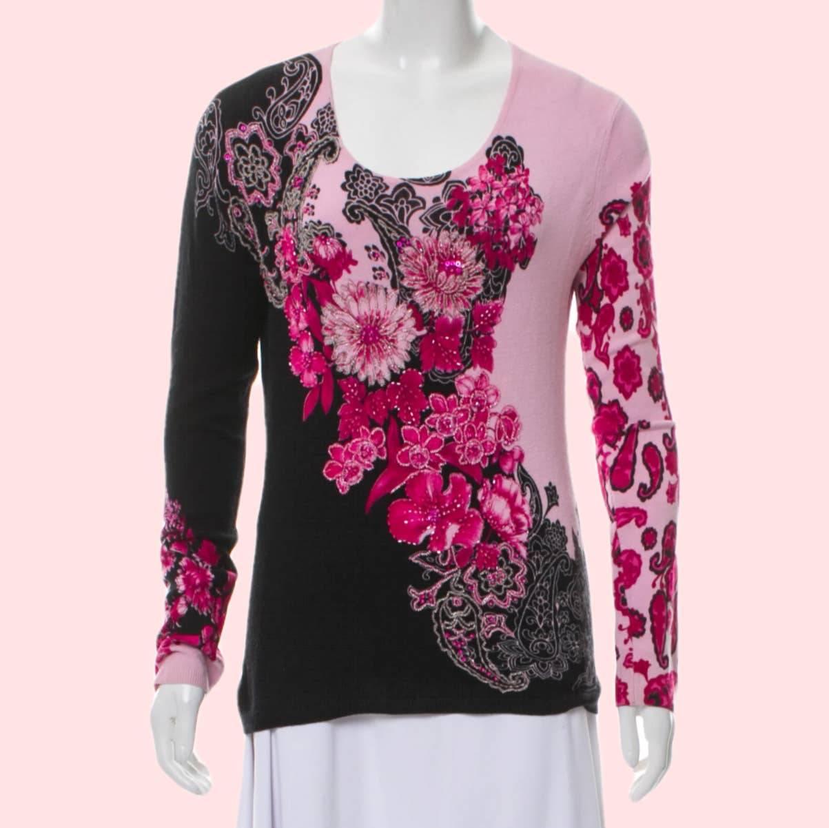 ALBERTO MAKALI Pink and Black Floral Print Scoop Neck Sweater