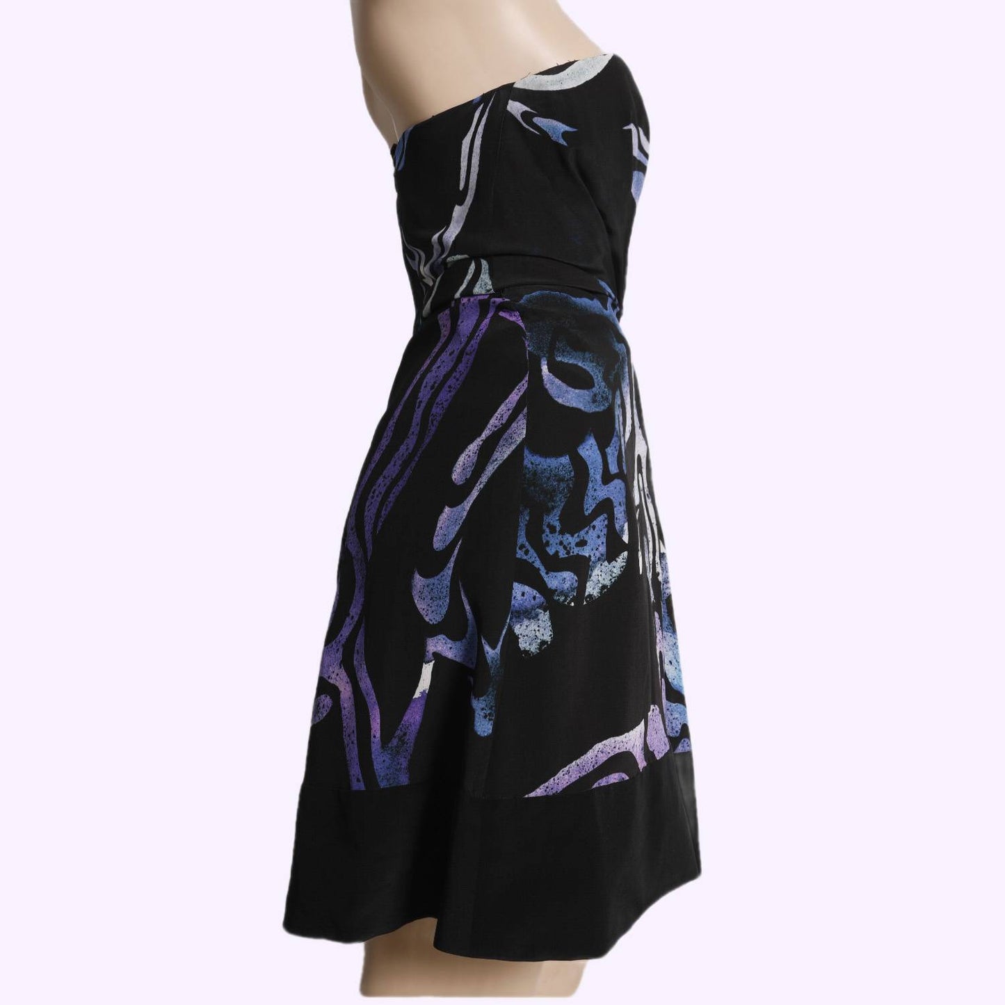 PROENZA SCHOULER Black and Violet Patterned Strapless Silk Dress
