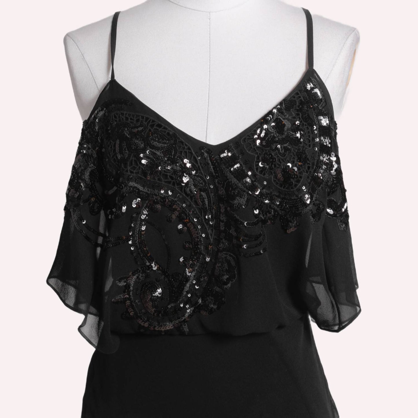 KAREN MILLEN Black Sequin Draped Sleeveless Silk Dress