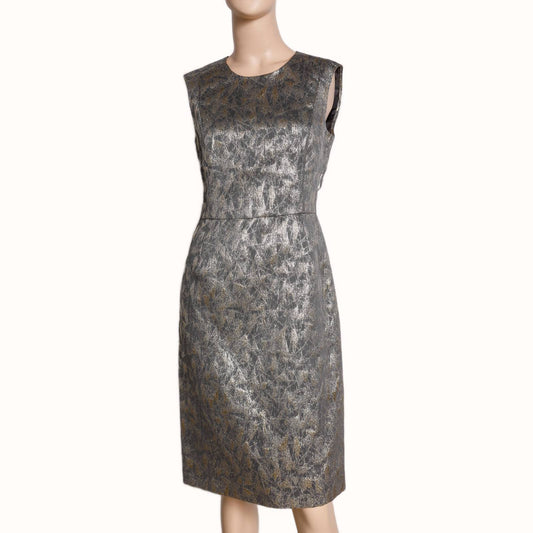 TIA CIBANI Gray and Gold Metallic Printed Sleeveless Dress