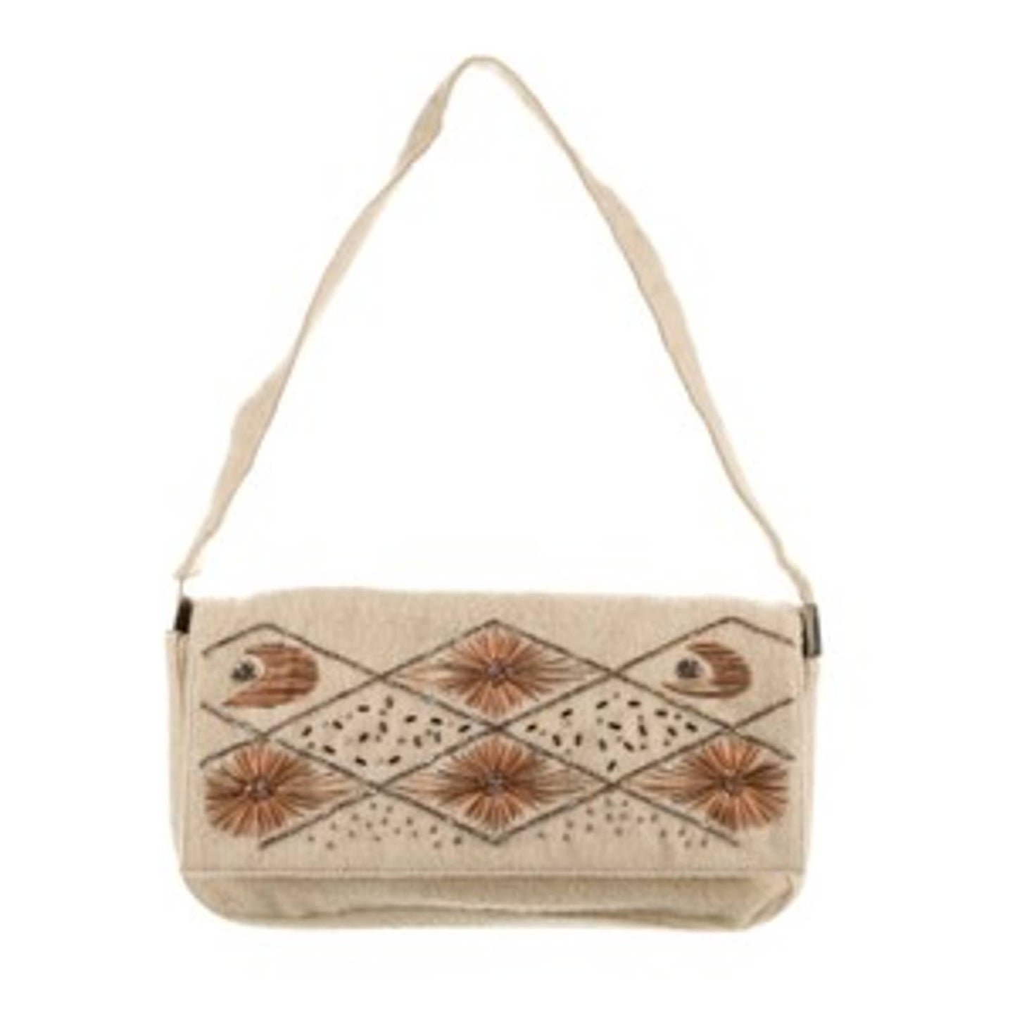 SERGIO ROSSI Beige Wool with Multicolor Embroidery and Beads Shoulder Bag