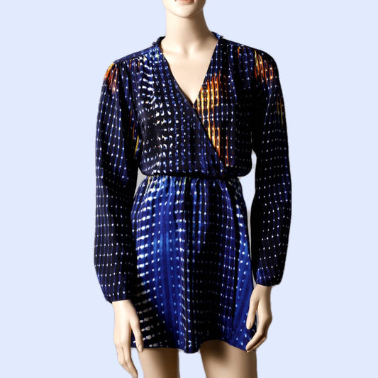 PARKER Blue Multicolor Printed Long Sleeve Silk Mini Dress