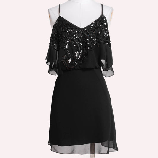 KAREN MILLEN Black Sequin Draped Sleeveless Silk Dress