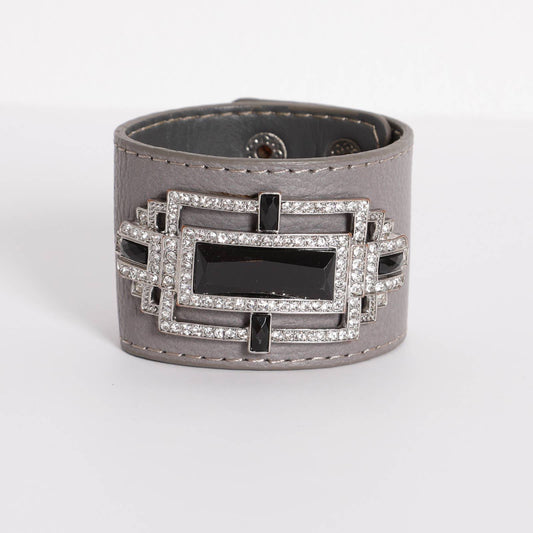 PLUMA ITALIA Gray Leather and Crystal and Stone Cuff Bracelet