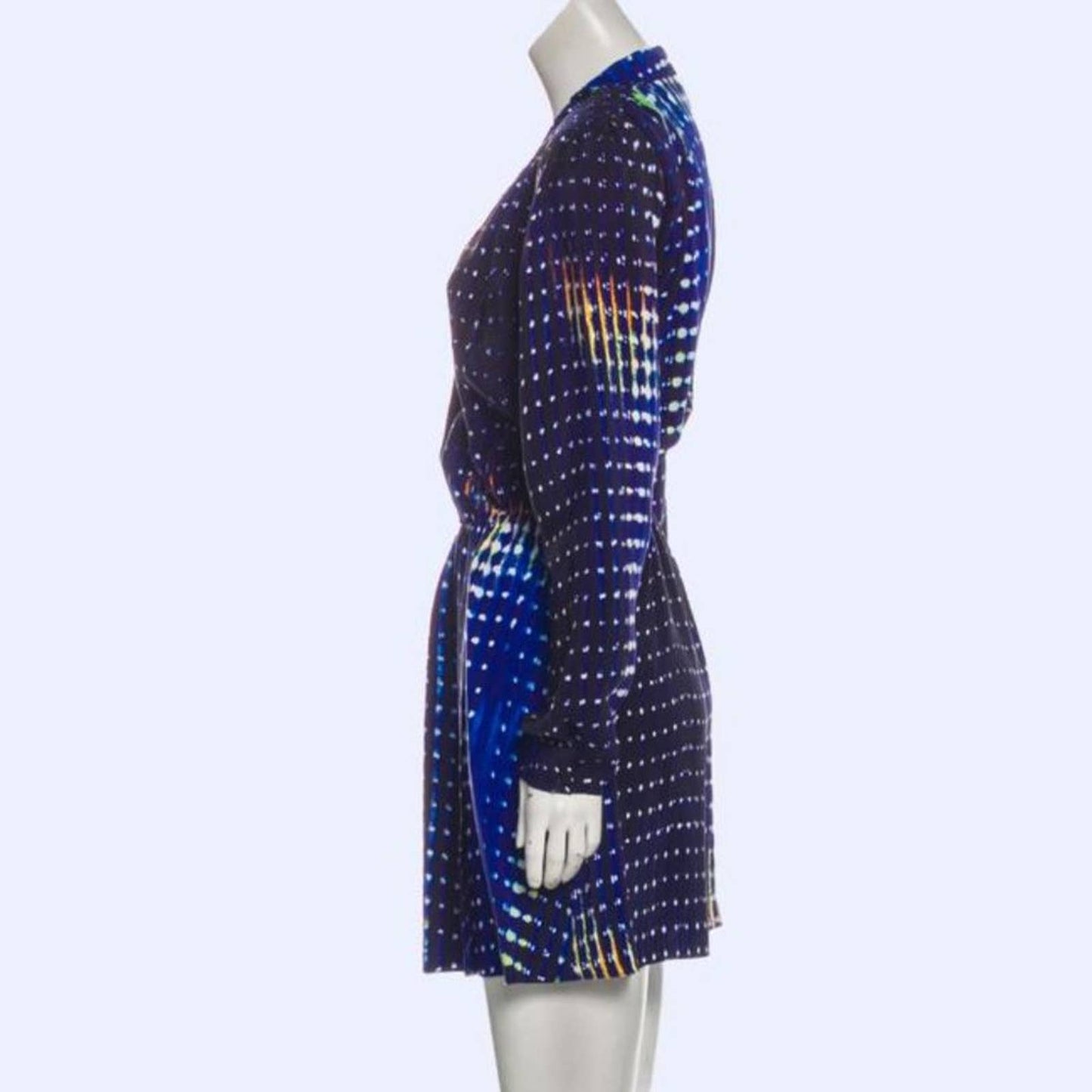 PARKER Blue Multicolor Printed Long Sleeve Silk Mini Dress