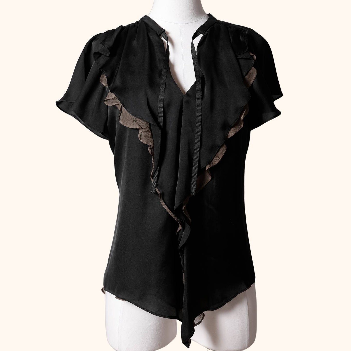 ZARA Vintage Black Ruffled Short Sleeved Silk Top