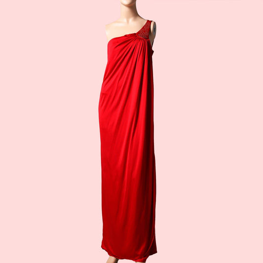 JACK HARTLEY Vintage Red One Shoulder Maxi Dress with Crystal Embellishments