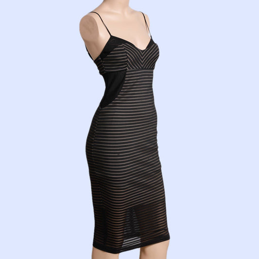 BEC AND BRIDGE Black Striped Mesh Spaghetti Strap Dress