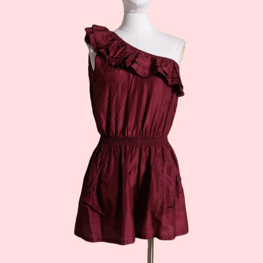 ALEX LANE Burgundy Ruffled Silk Romper