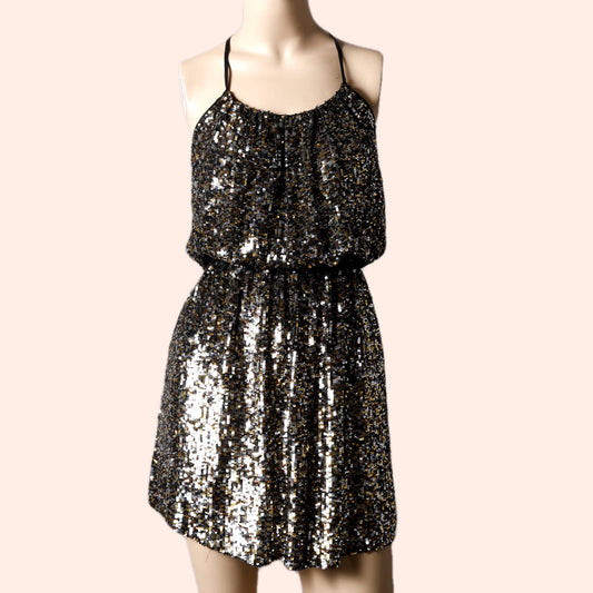 PARKER Gold and Silver Sequin with Black Accents Strapless Silk Mini Dress