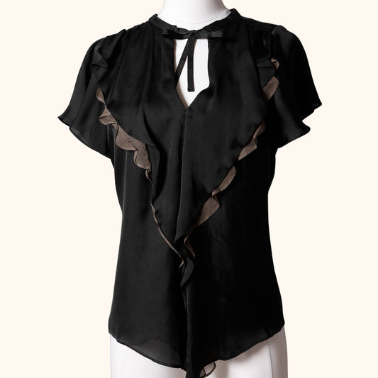 ZARA Vintage Black Ruffled Short Sleeved Silk Top