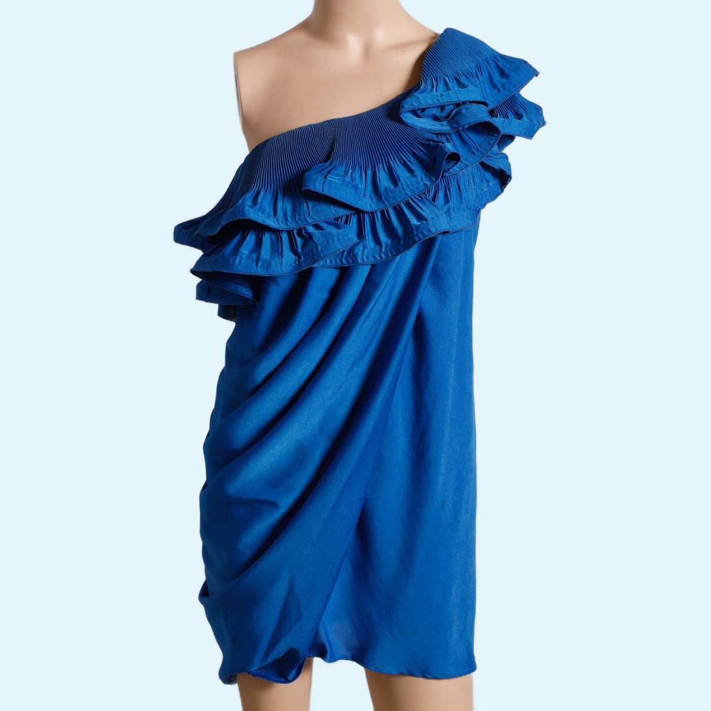 BCBGMAXAZRIA Blue One Shoulder Ruffled Mini Dress