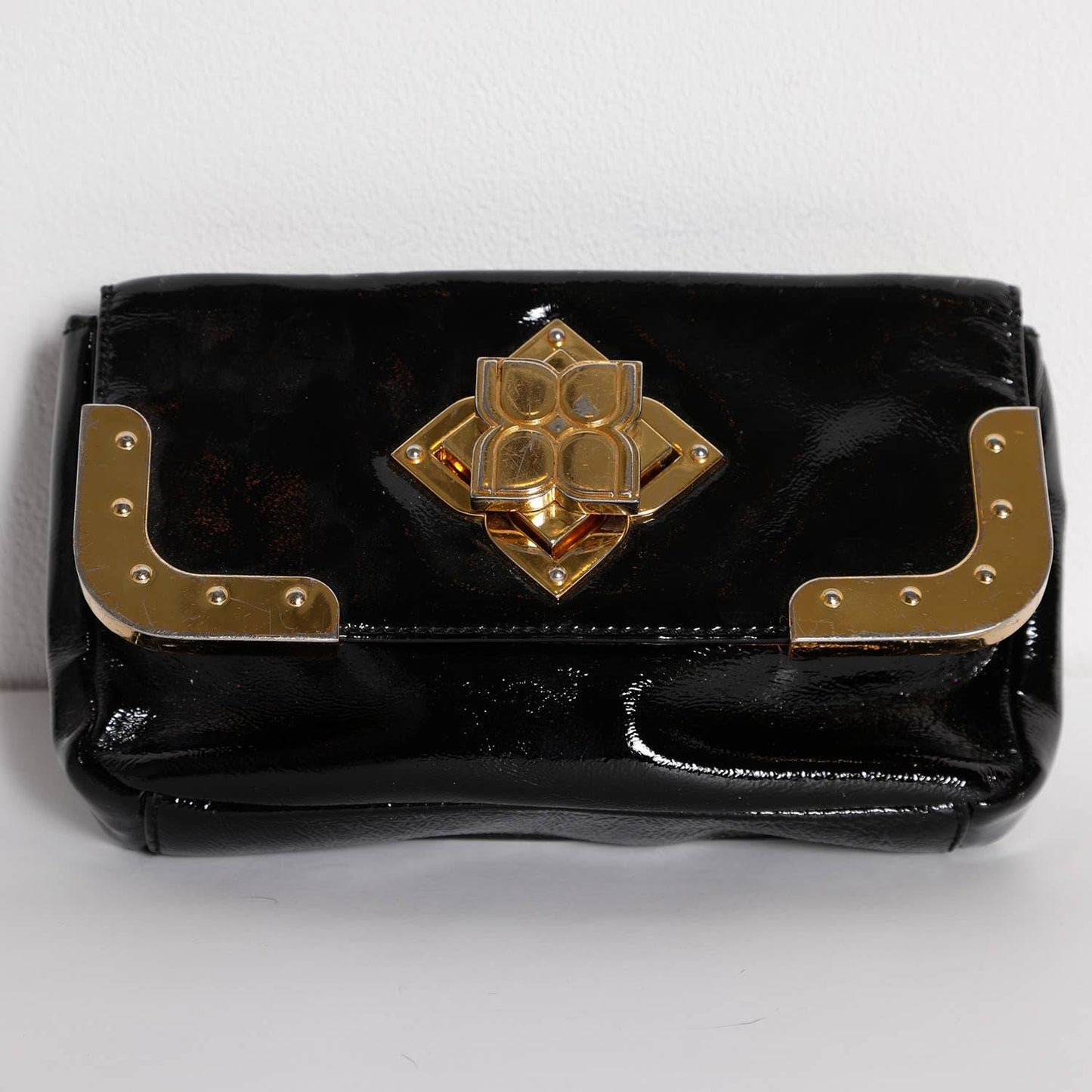 BCBGMAXAZRIA Black Patent Leather Hand Bag with Gold Chain