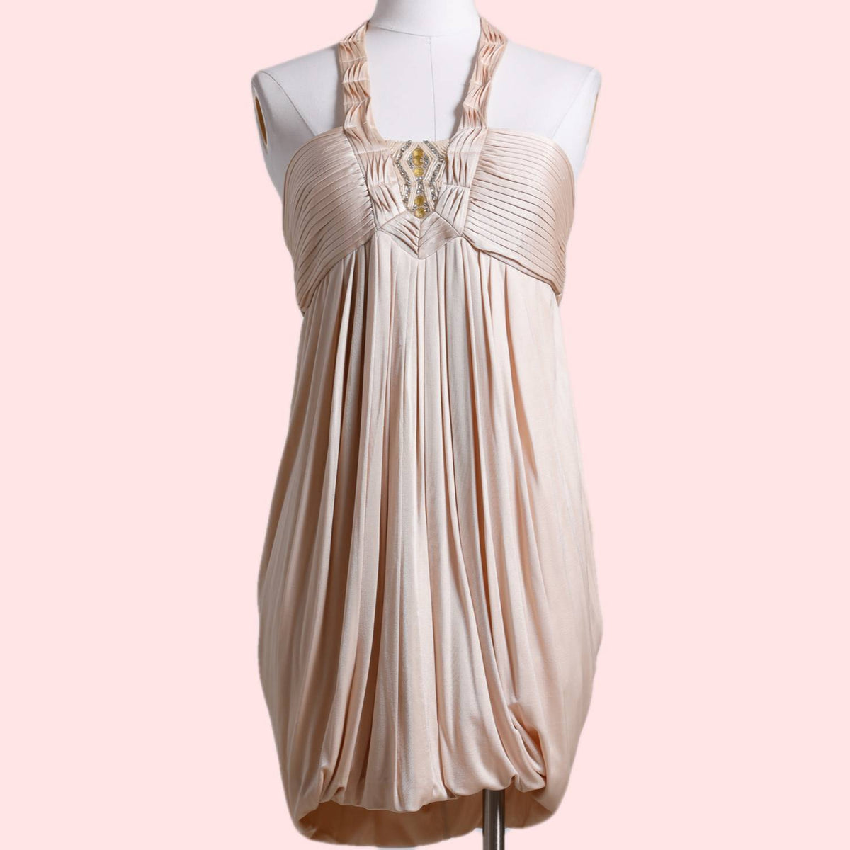bcbg champagne halter dress BCBGMAXAZRIA Pink with Multicolor Embellishments Mini – The Untitled Boutique Designer Dramas